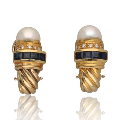 Pendientes "Niaru" oro 1ª ley 18K con perlas cultivadas,diamantes y zafiros