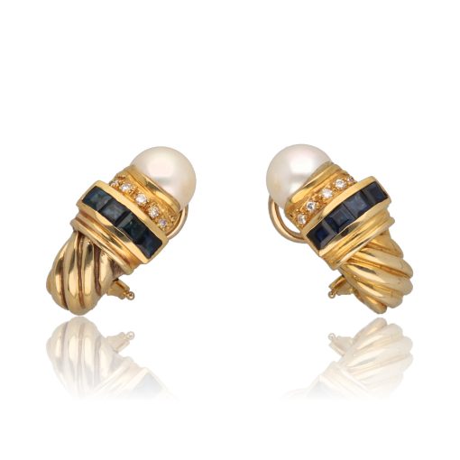 Pendientes "Niaru" oro 1ª ley 18K con perlas cultivadas,diamantes y zafiros